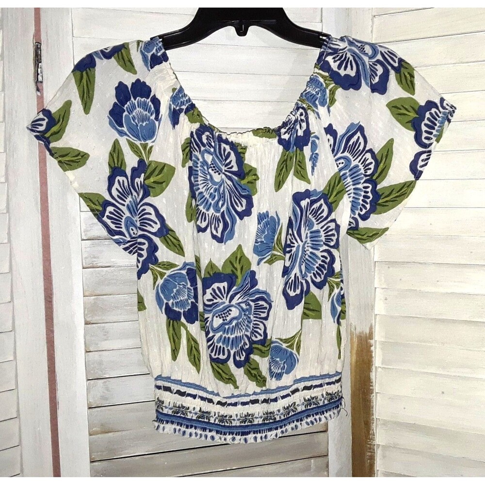 Rachel Zoe Women's Blouse Size Small Blue Floral Off Shoulder Top Peasant Hippie